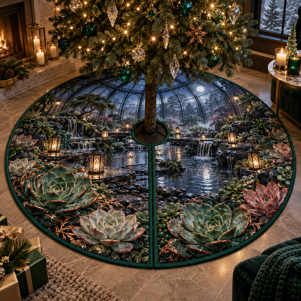 One tree skirt with an original Succulent Hushglass Raincourt and deep biophilic illusion.