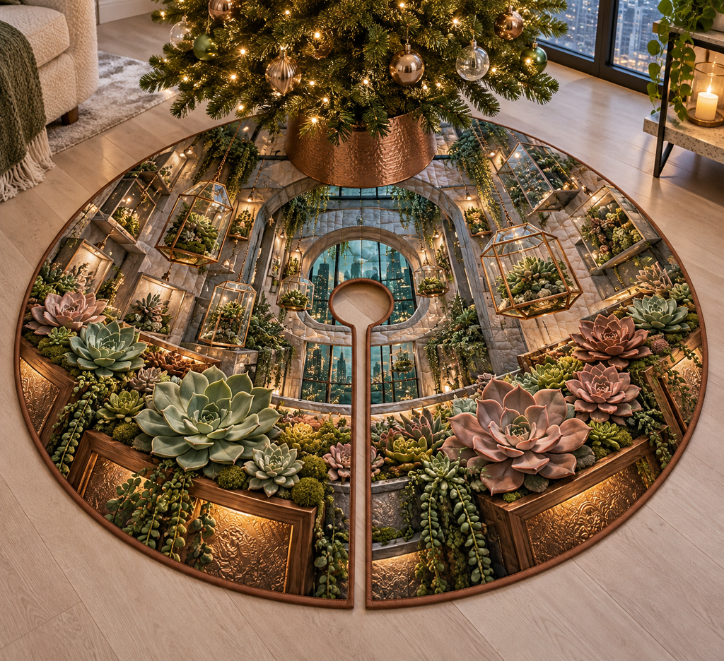 One tree skirt with an original Succulent Shadowbox Mosaic Loft and maximum optical depth.