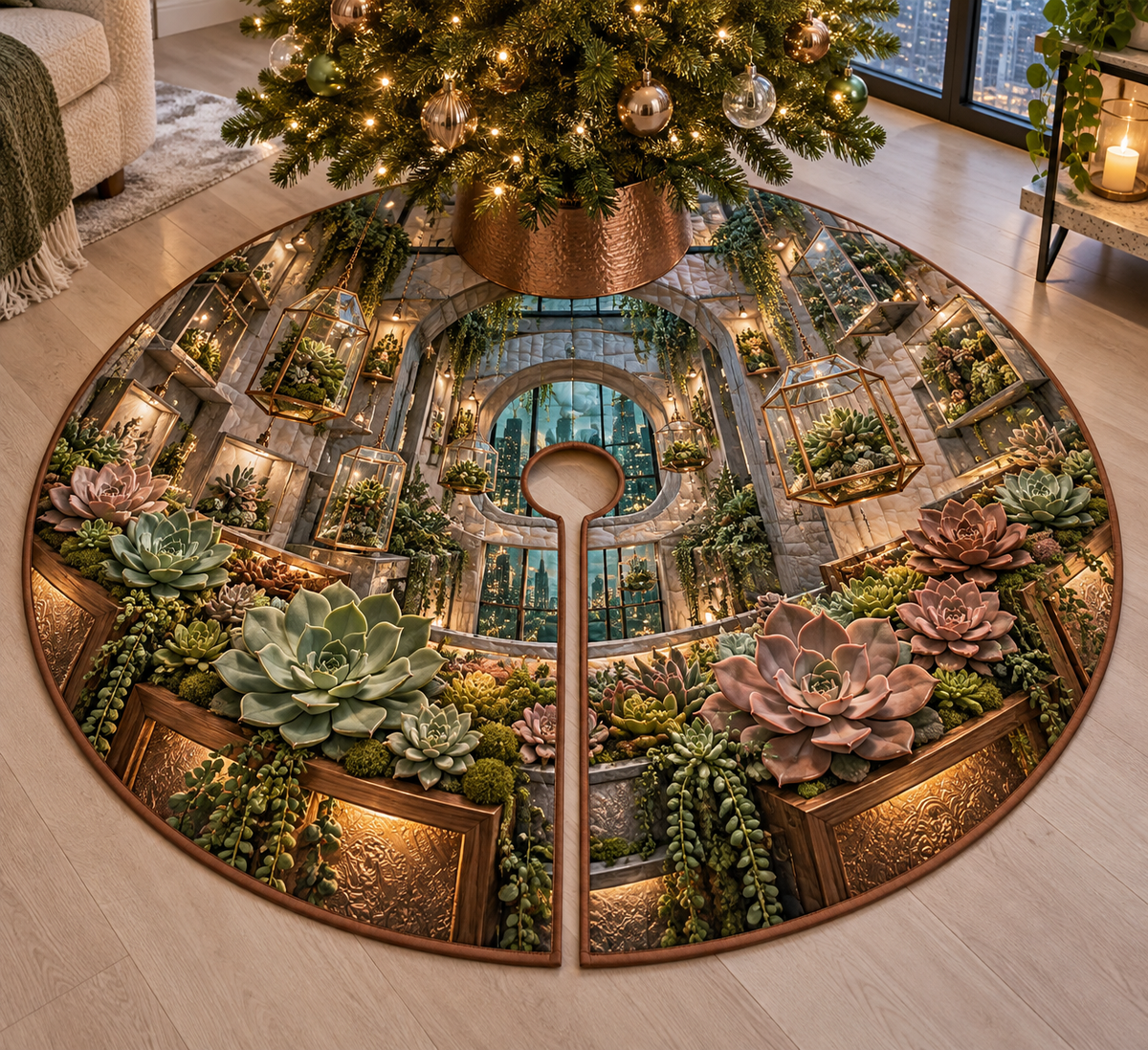 One tree skirt with an original Succulent Shadowbox Mosaic Loft and maximum optical depth.