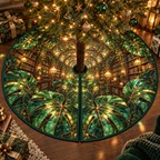 One tree skirt with an original Monstera Lumenleaf Library Grotto and deep botanical-library illusion.
