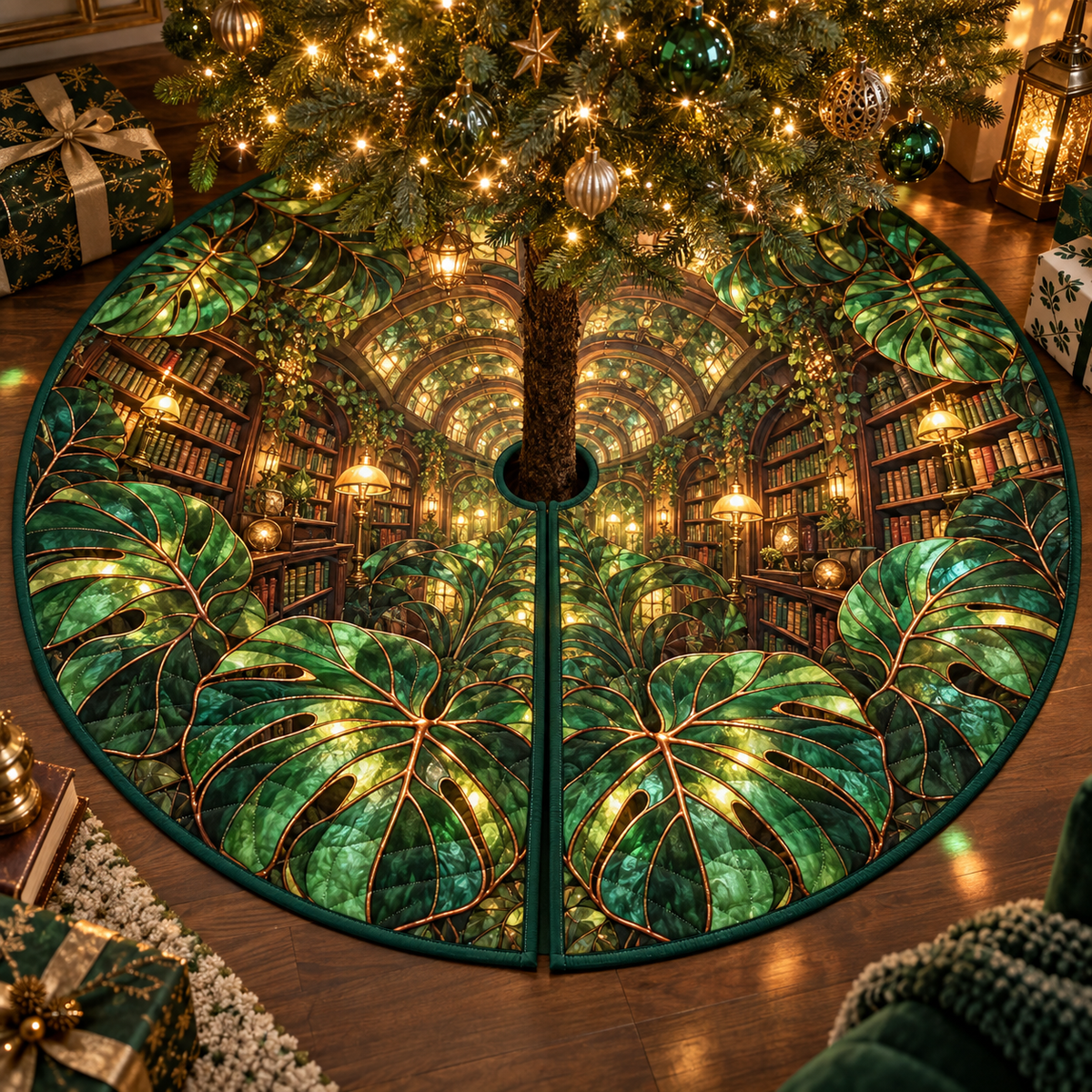 One tree skirt with an original Monstera Lumenleaf Library Grotto and deep botanical-library illusion.