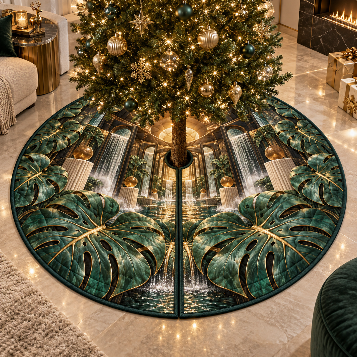 One tree skirt with an original Monstera Titanleaf Waterwall Salon and maximum optical depth.