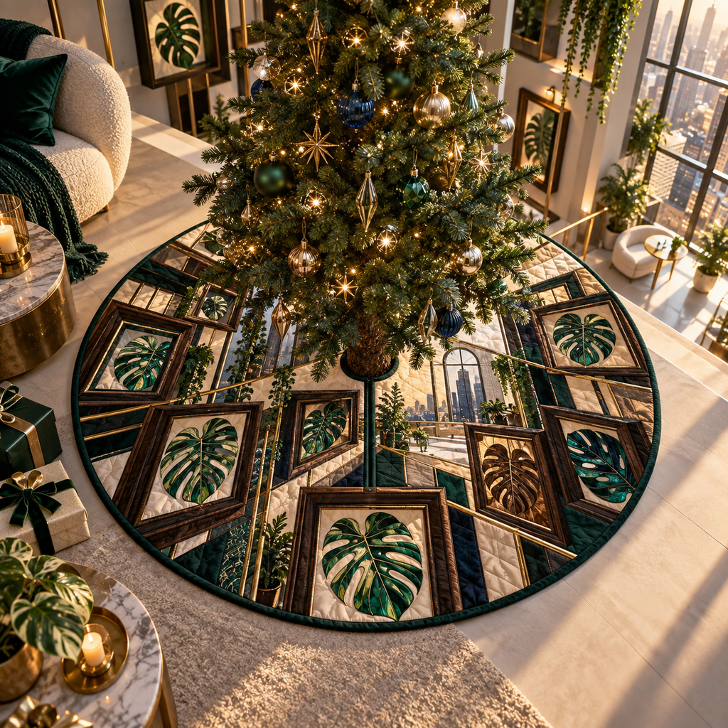 One tree skirt with an original Monstera Loftline Shadowbox Atrium and deep apartment gallery-wall illusion.