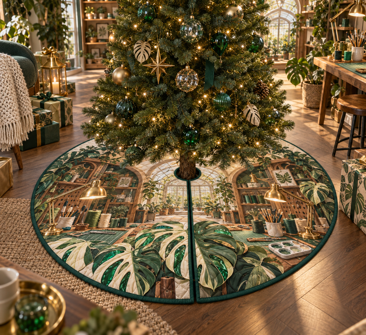 One tree skirt with an original Monstera Makerlight Atelier and deep hobby-studio illusion.
