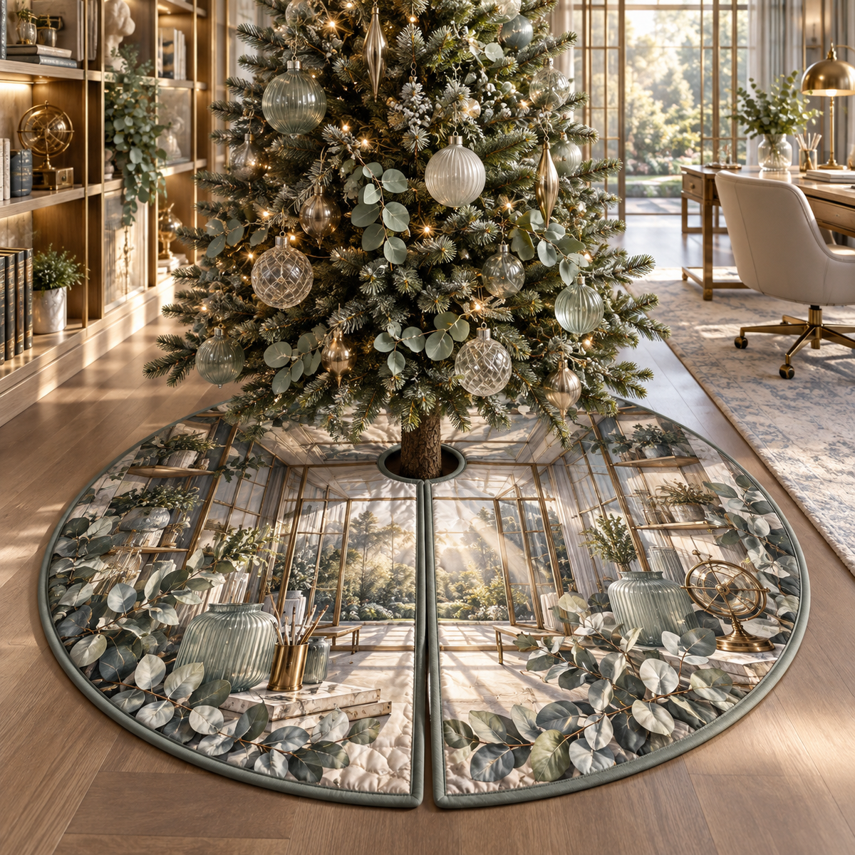 One tree skirt with an original Eucalyptus Daybreak Gridwork Studio and deep home-office illusion.