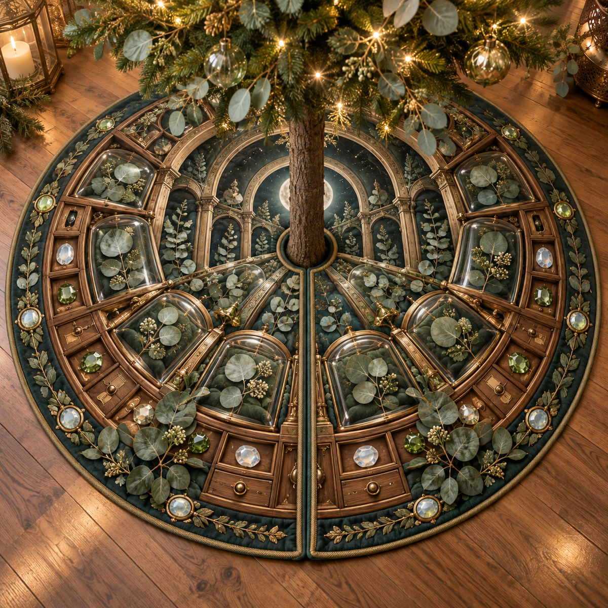 One tree skirt with an original Eucalyptus Gemvault Specimen Cabinet and deep collector-gallery illusion.