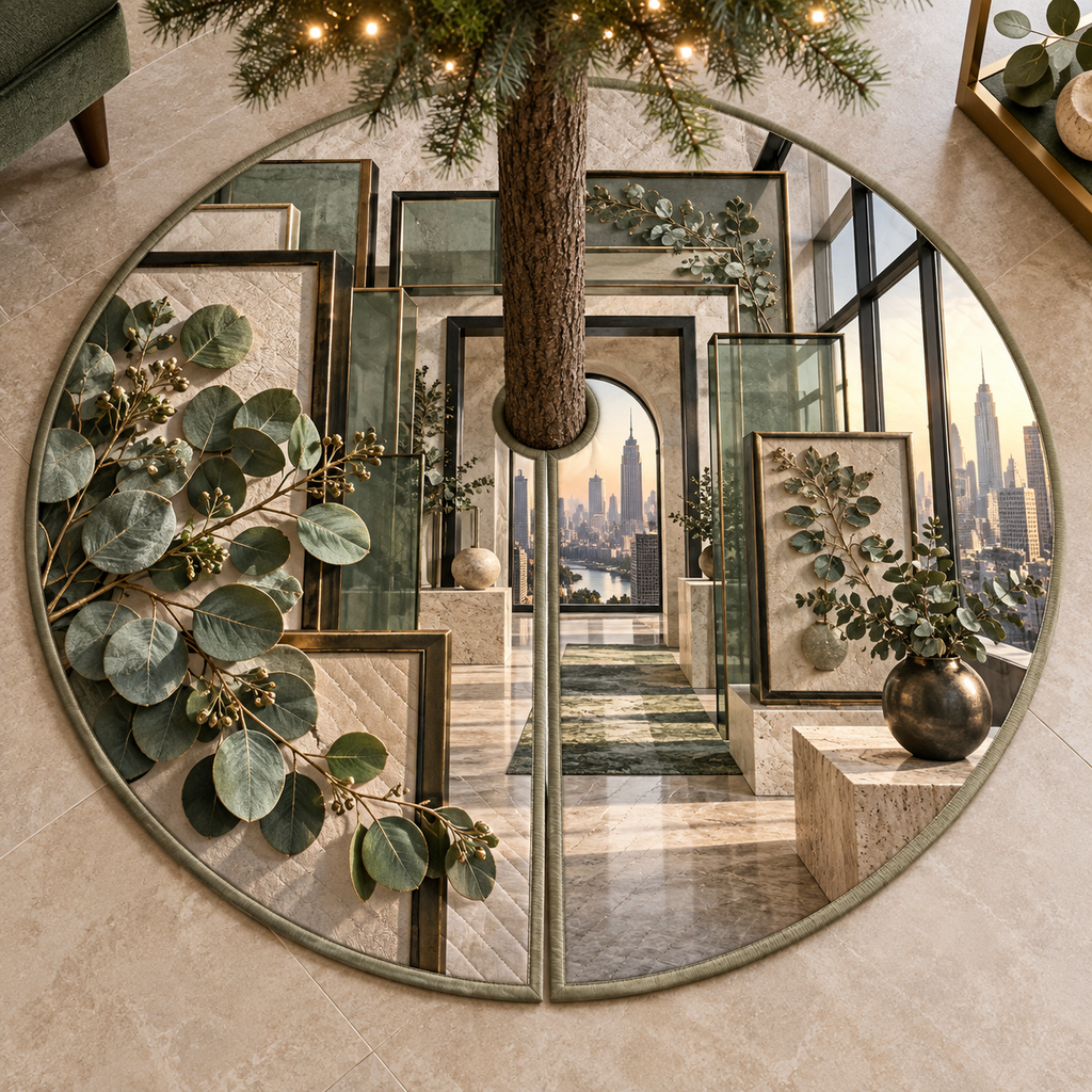 One tree skirt with an original Eucalyptus Prismframe Loft Salon and deep apartment-gallery illusion.