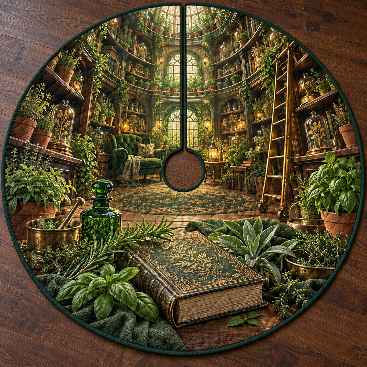 One tree skirt with an original Herb Garden Lanternleaf Library and deep reading-nook illusion.