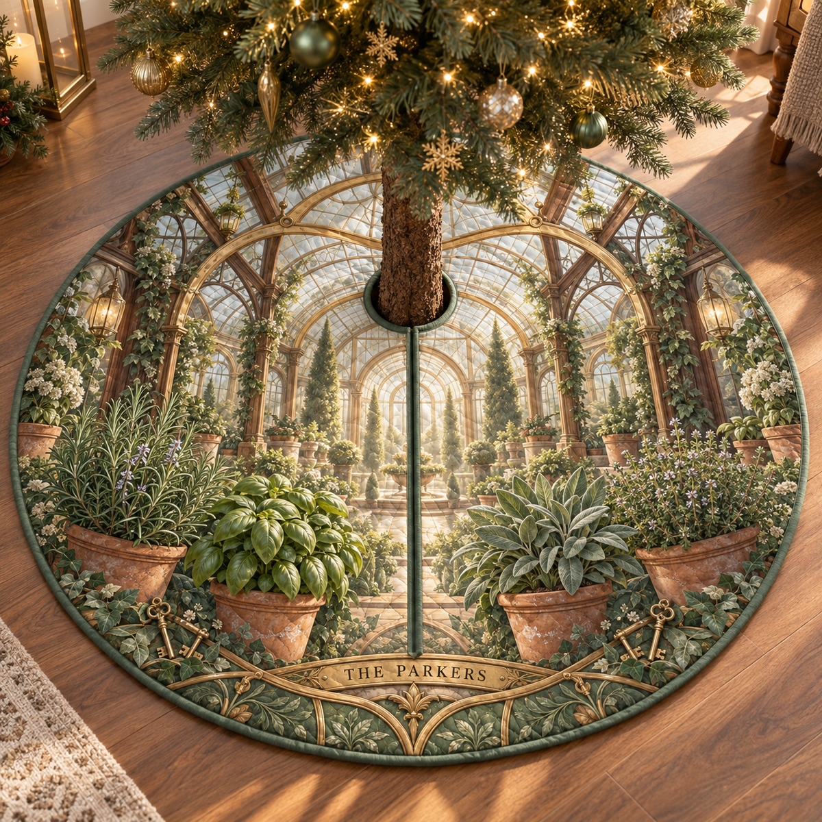 One personalized tree skirt with THE PARKERS integrated into an original Herb Garden Hearthkey Conservatory and maximum-depth printed illusion.