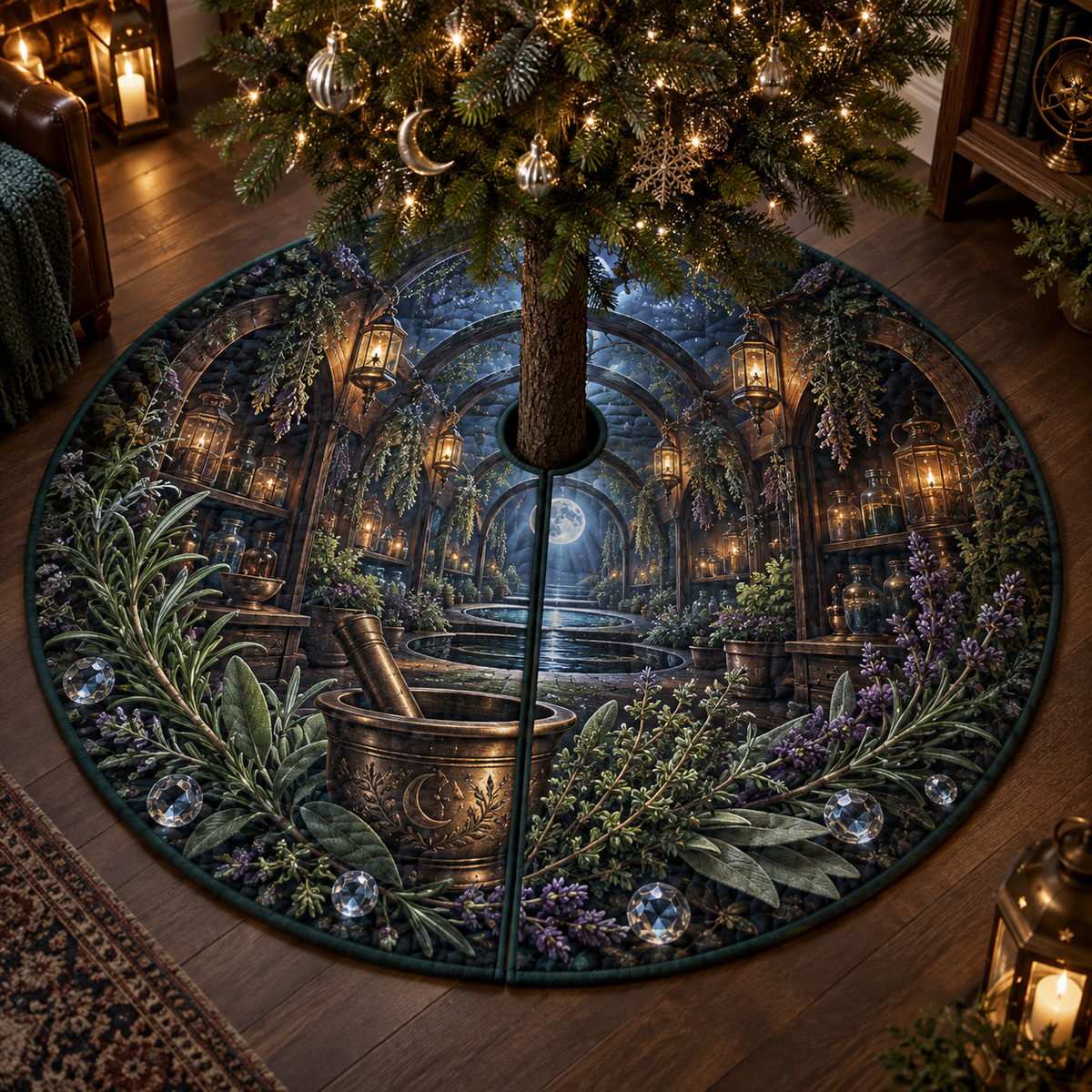 One tree skirt with an original Herb Garden Moonwell Apothecary Nook and maximum-depth printed illusion.