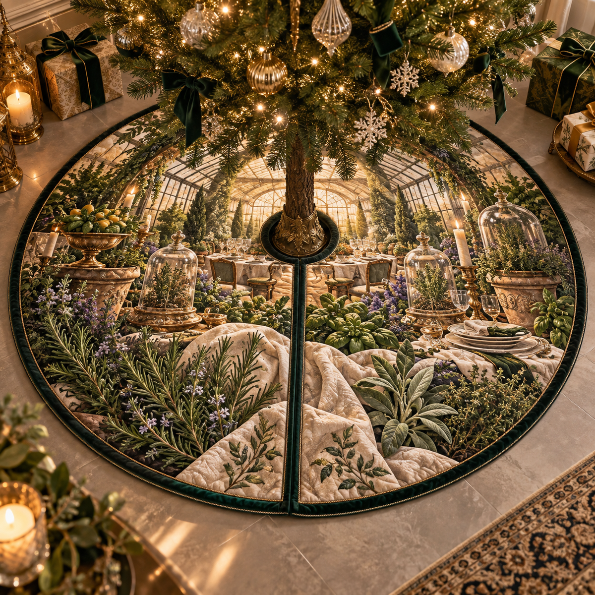 One tree skirt with an original Herb Garden Gilded Supper Conservatory and maximum-depth printed illusion.