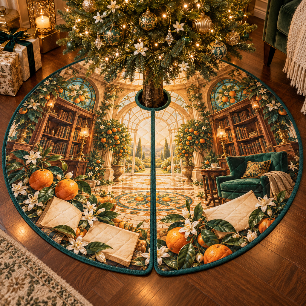One tree skirt with an original Citrus Blossom Sunfolio Reading Orangery and maximum-depth printed illusion.