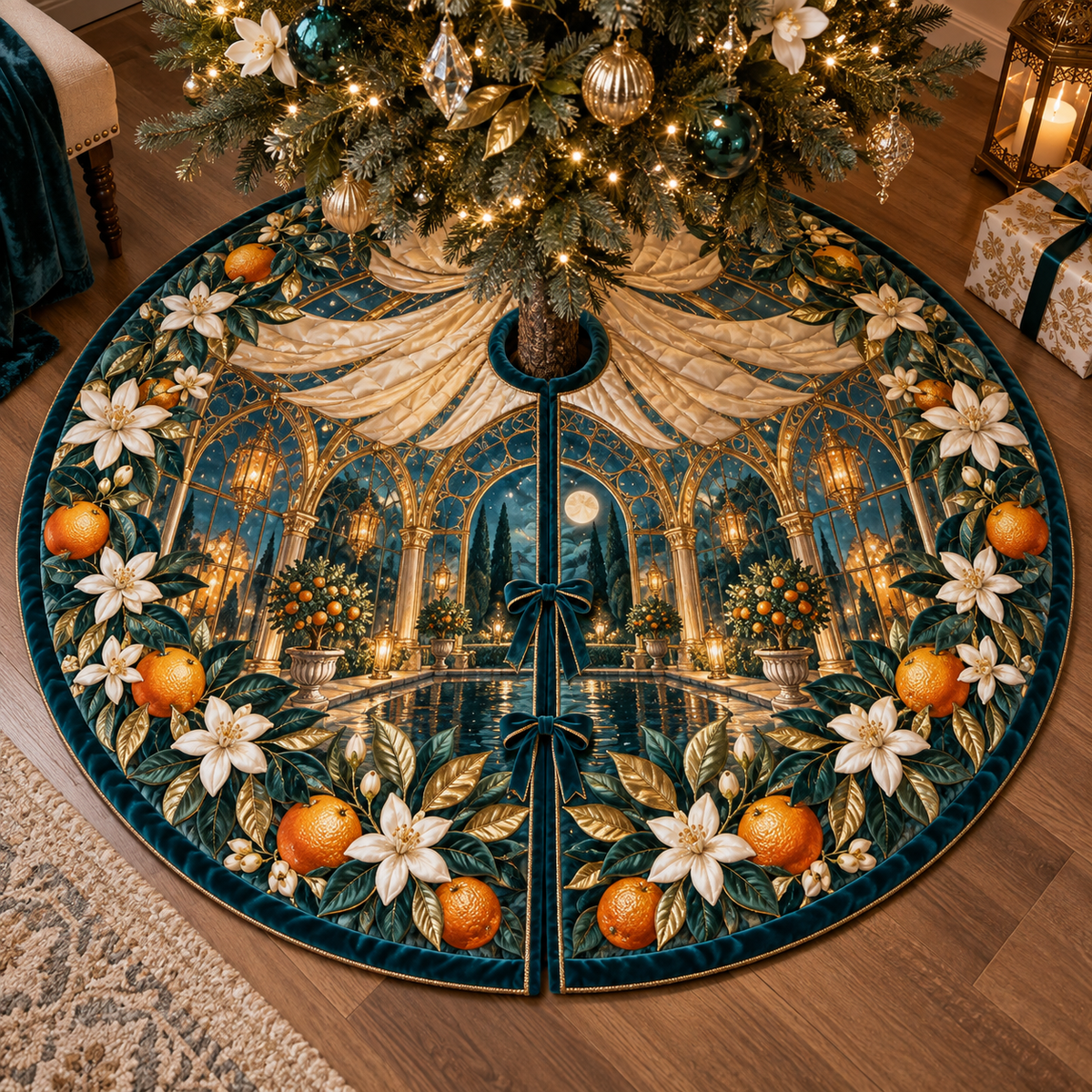 One tree skirt with an original Citrus Blossom Emberglass Canopy and maximum-depth printed illusion.