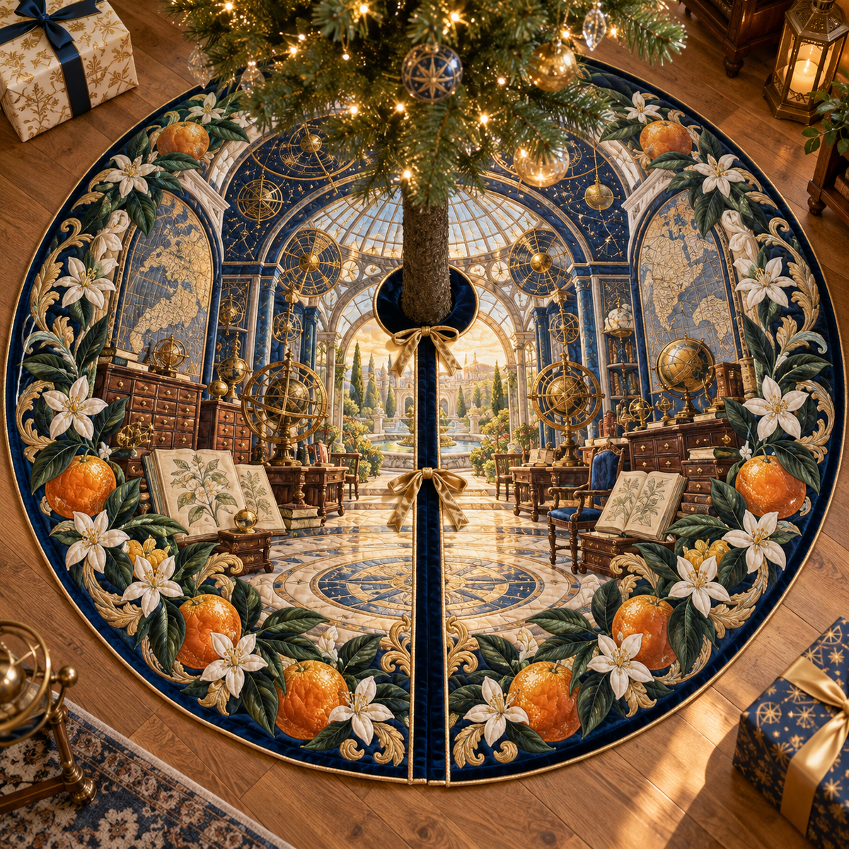 One tree skirt with an original Citrus Blossom Atlasglass Study Atrium and maximum-depth printed illusion.