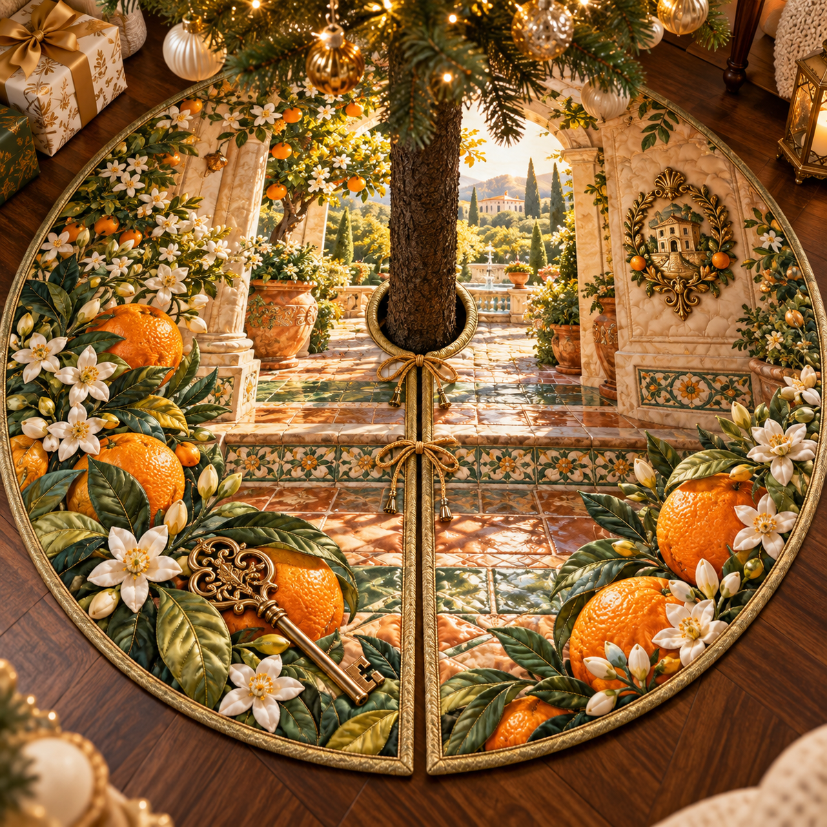 One tree skirt with an original Citrus Blossom Keylight Welcome Courtyard and maximum-depth printed illusion.