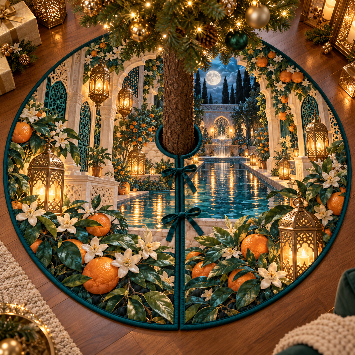 One tree skirt with an original Citrus Blossom Lanternwell Quiet Alcove and maximum-depth printed illusion.