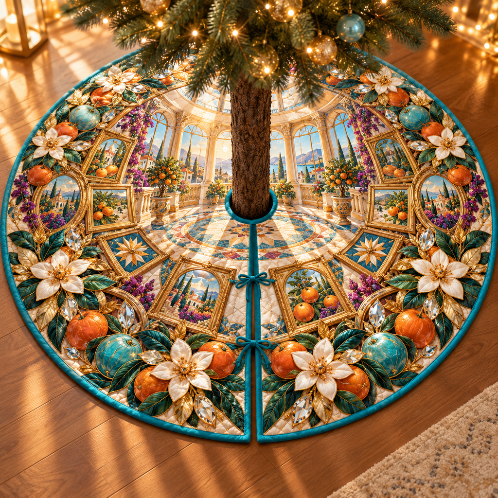One tree skirt with an original Citrus Blossom Facetframe Loft Salon and maximum-depth printed illusion.