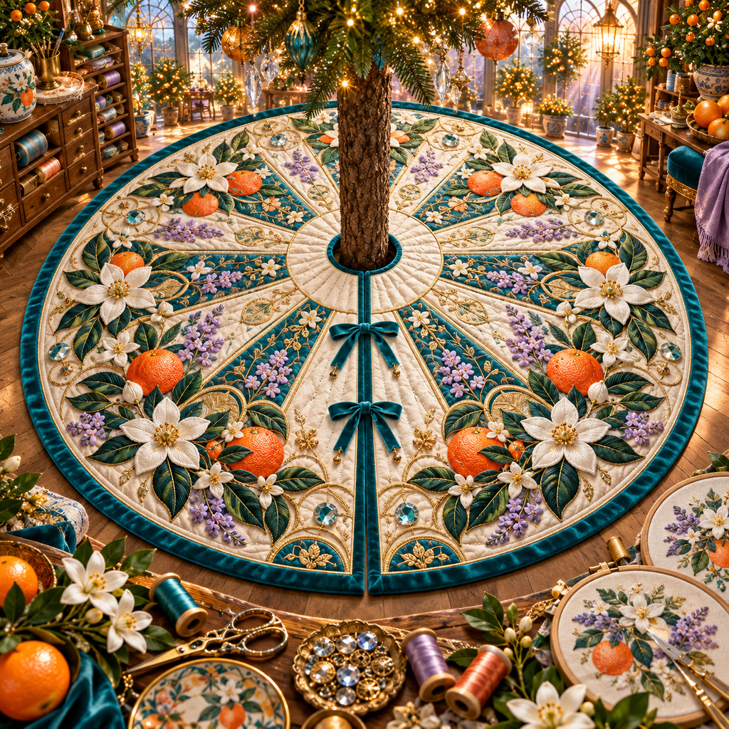 One tree skirt with an original Citrus Blossom Prismthread Maker Atelier and maximum-depth printed illusion.
