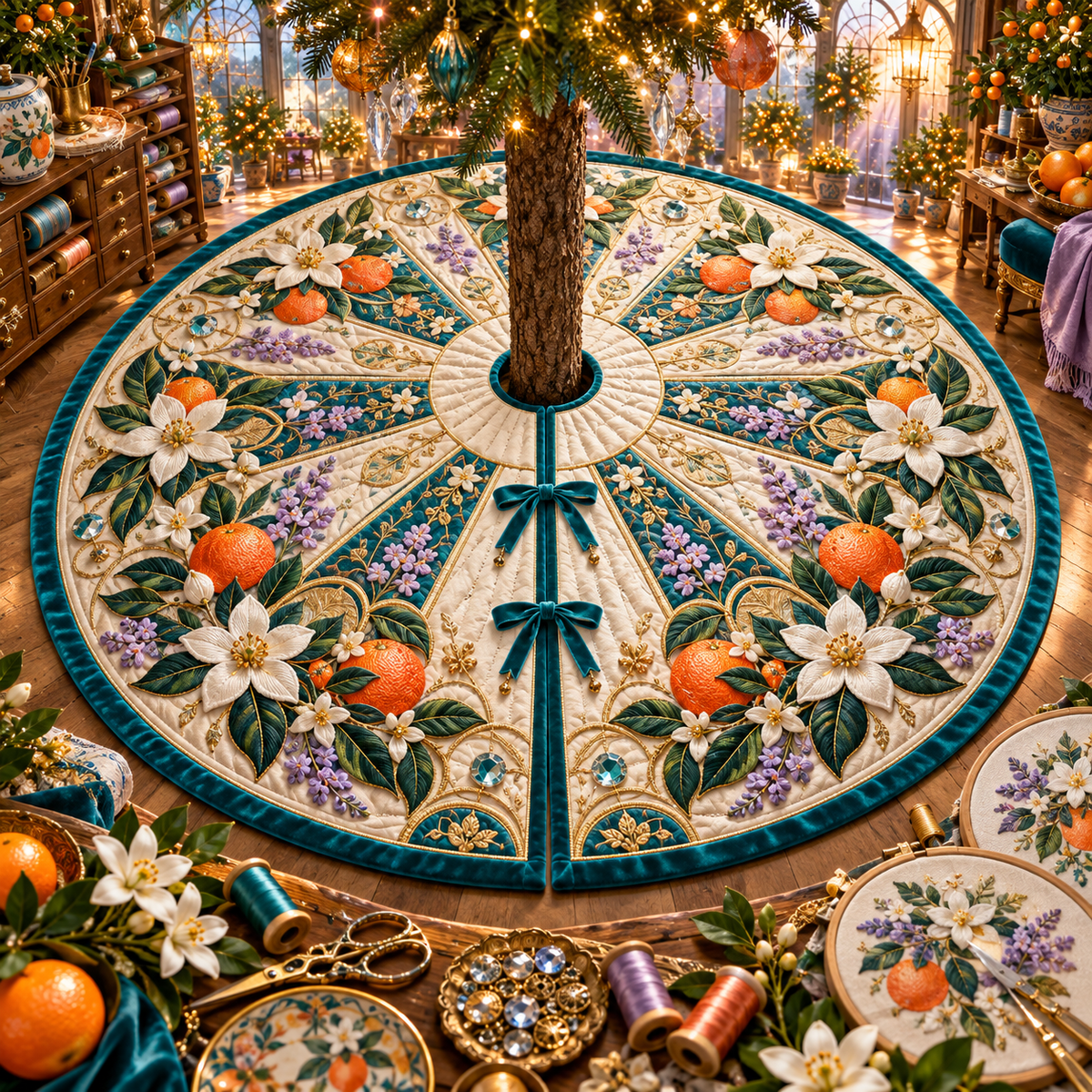 One tree skirt with an original Citrus Blossom Prismthread Maker Atelier and maximum-depth printed illusion.