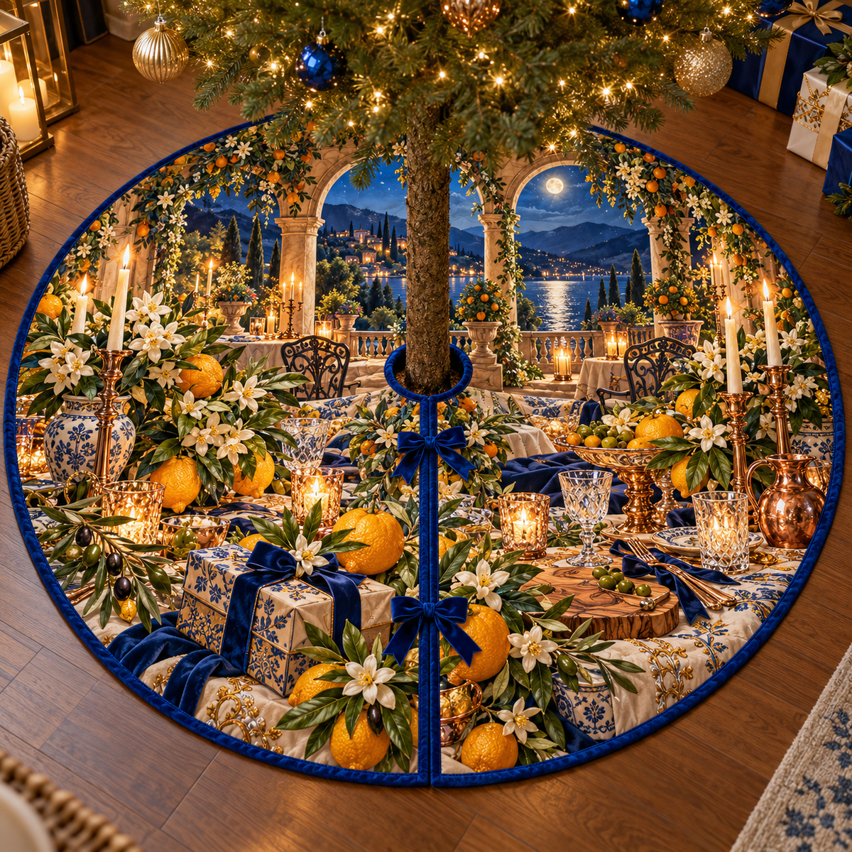 One tree skirt with an original Citrus Blossom Hearthtoast Gratitude Supper and maximum-depth printed illusion.