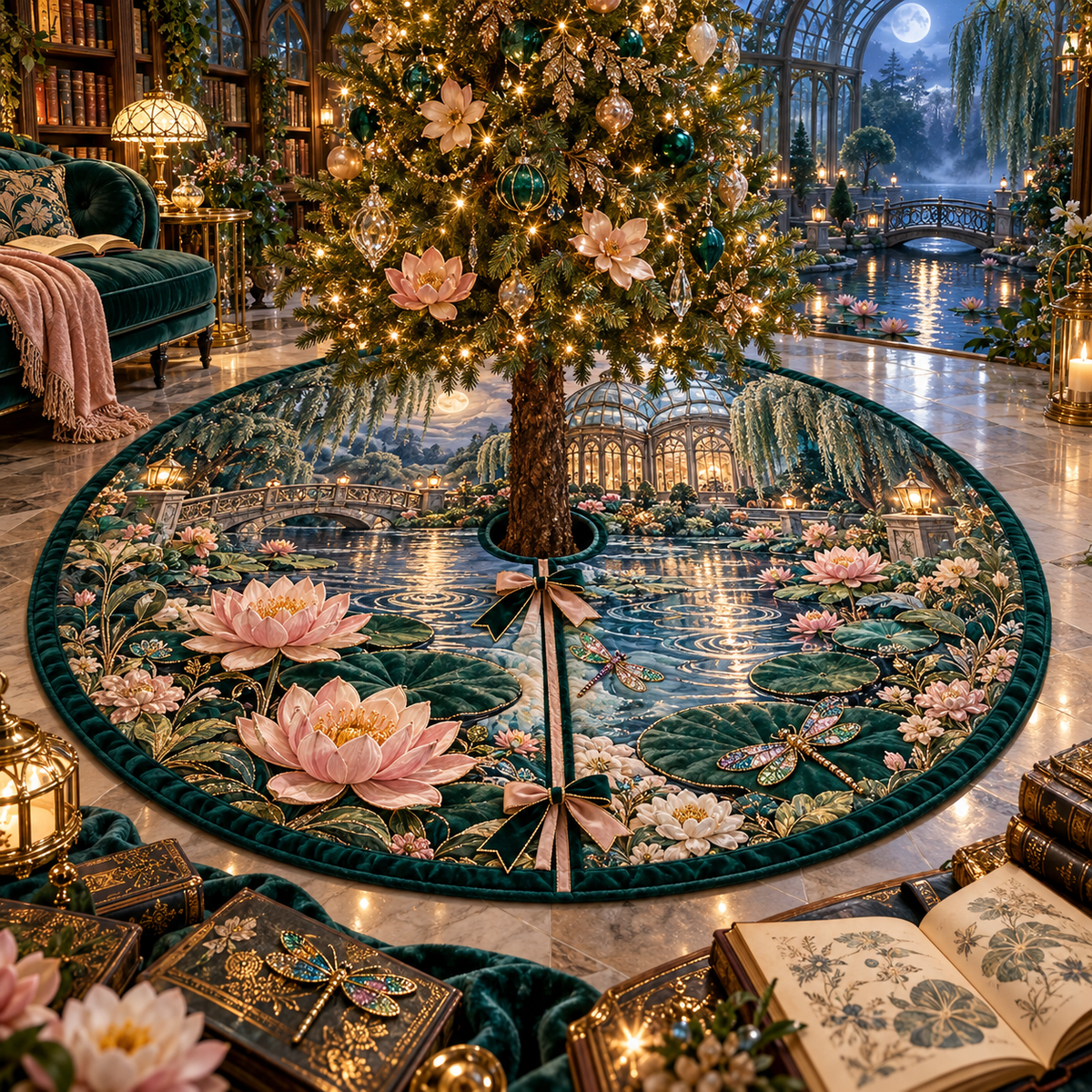One tree skirt with an original Water Lily Lumenleaf Storypond Conservatory and maximum-depth printed illusion.