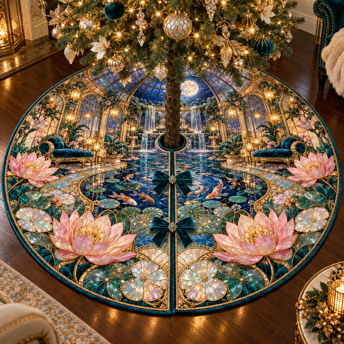 One tree skirt with an original Water Lily Celestique Mosaic Suite and maximum-depth printed illusion.