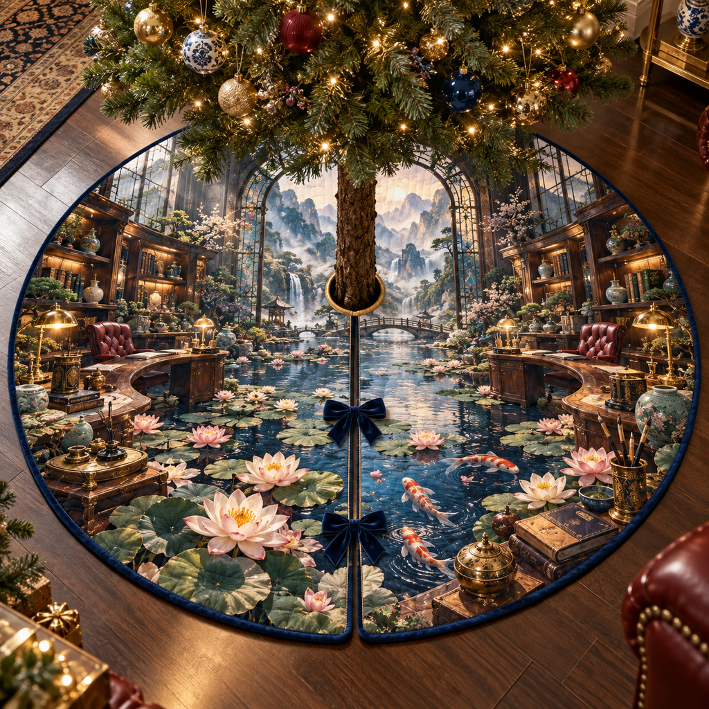One tree skirt with an original Water Lily Inkglass Scholar's Studio and maximum-depth printed illusion.