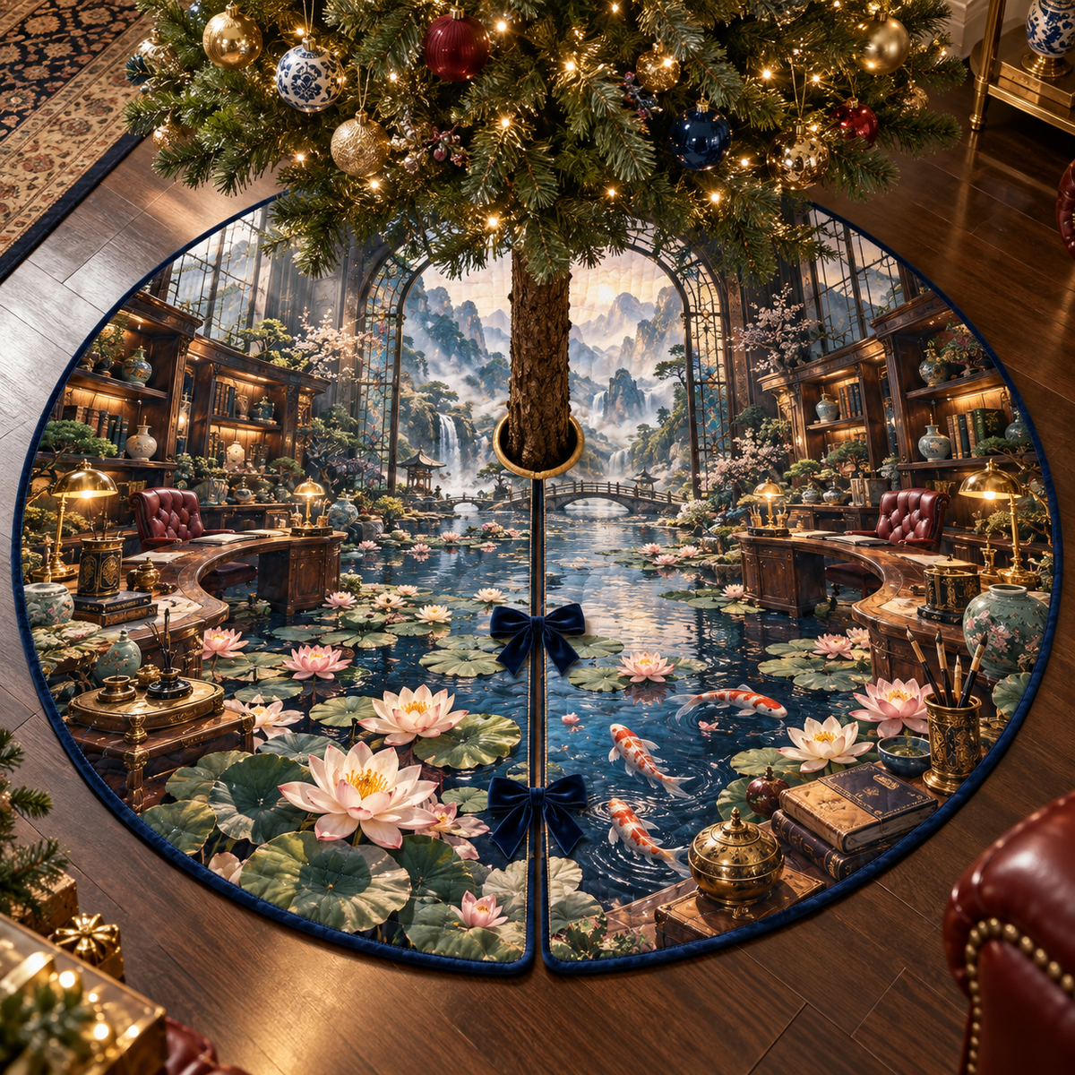 One tree skirt with an original Water Lily Inkglass Scholar's Studio and maximum-depth printed illusion.