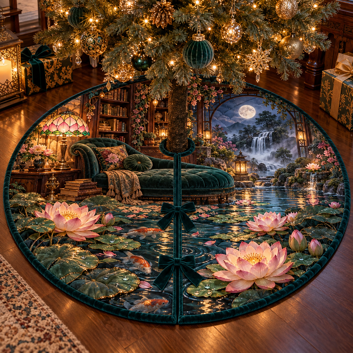 One tree skirt with an original Water Lily Lamplight Reading Alcove and maximum-depth printed illusion.