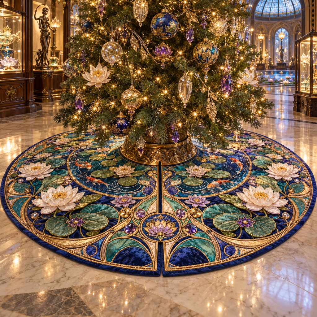 One tree skirt with an original Water Lily Curiohall Birthday Treasury and maximum-depth printed illusion.