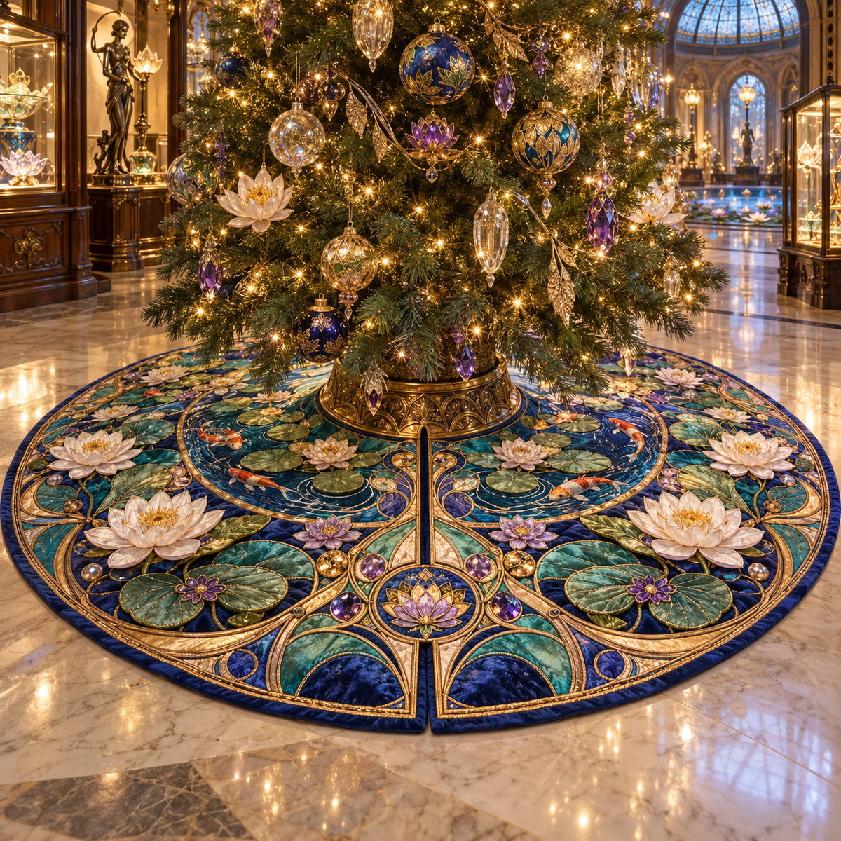 One tree skirt with an original Water Lily Curiohall Birthday Treasury and maximum-depth printed illusion.
