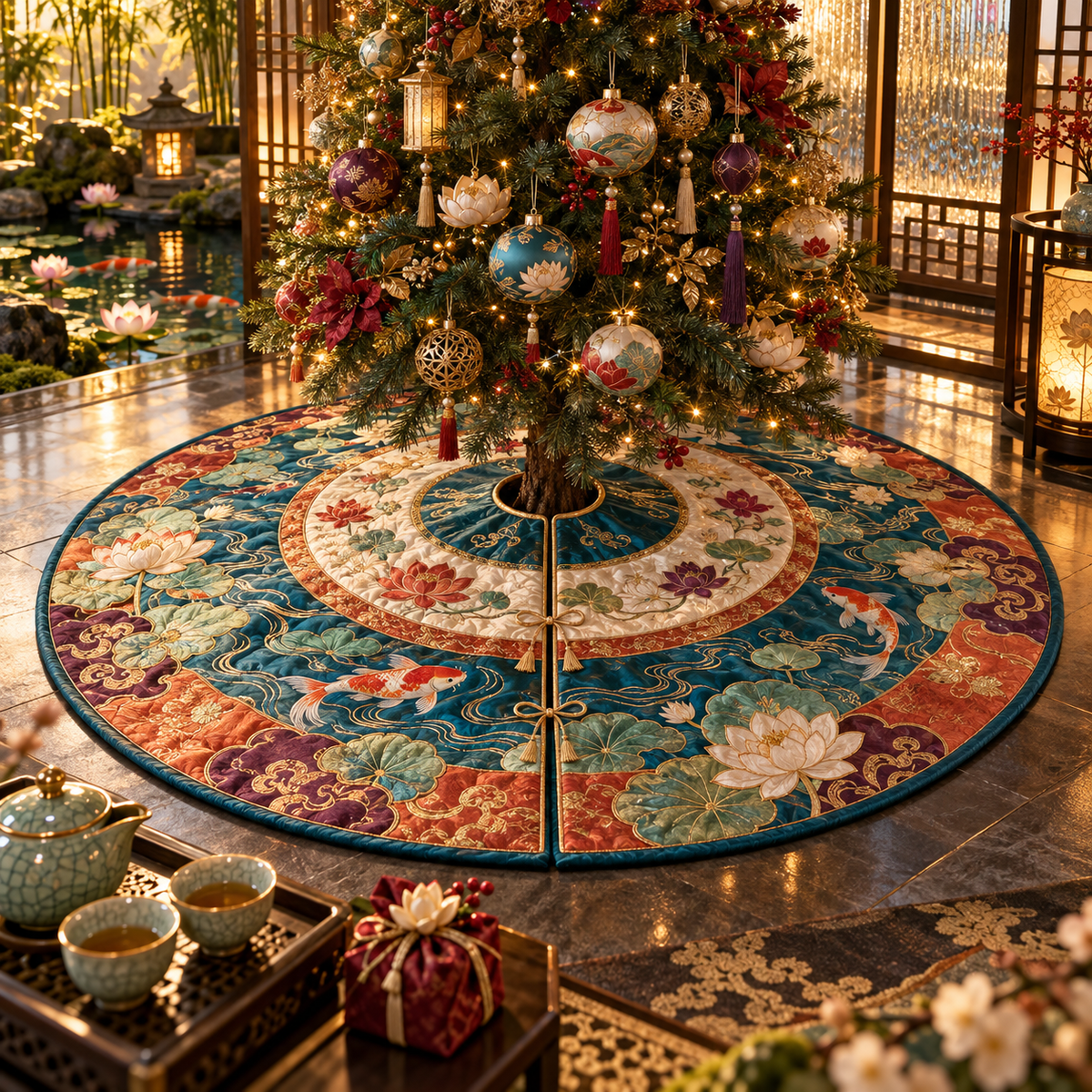 One tree skirt with an original Water Lily Teahouse Gratitude Garden and maximum-depth printed illusion.
