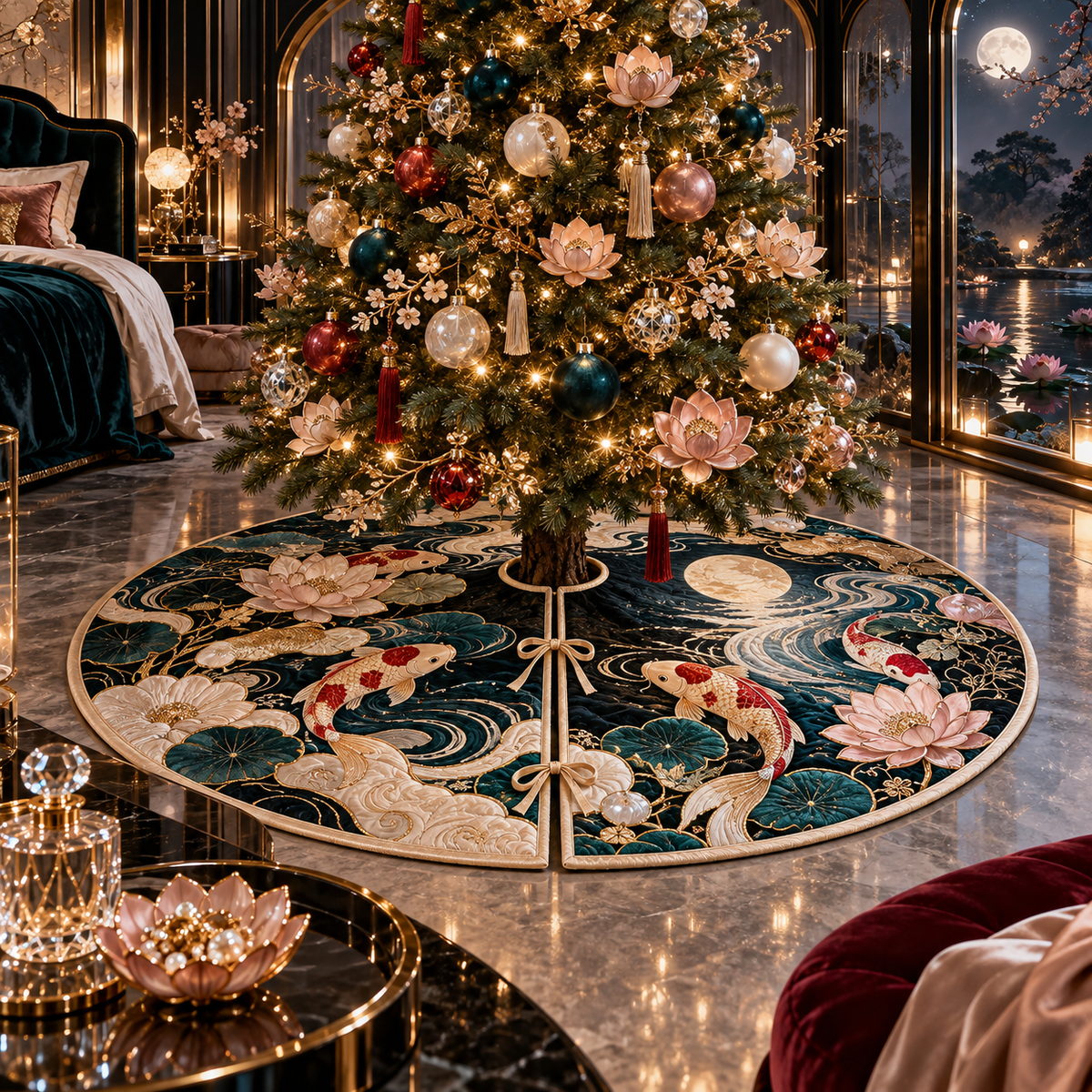 One tree skirt with an original Koi Lotus Moonstone Suite and maximum-depth printed illusion.