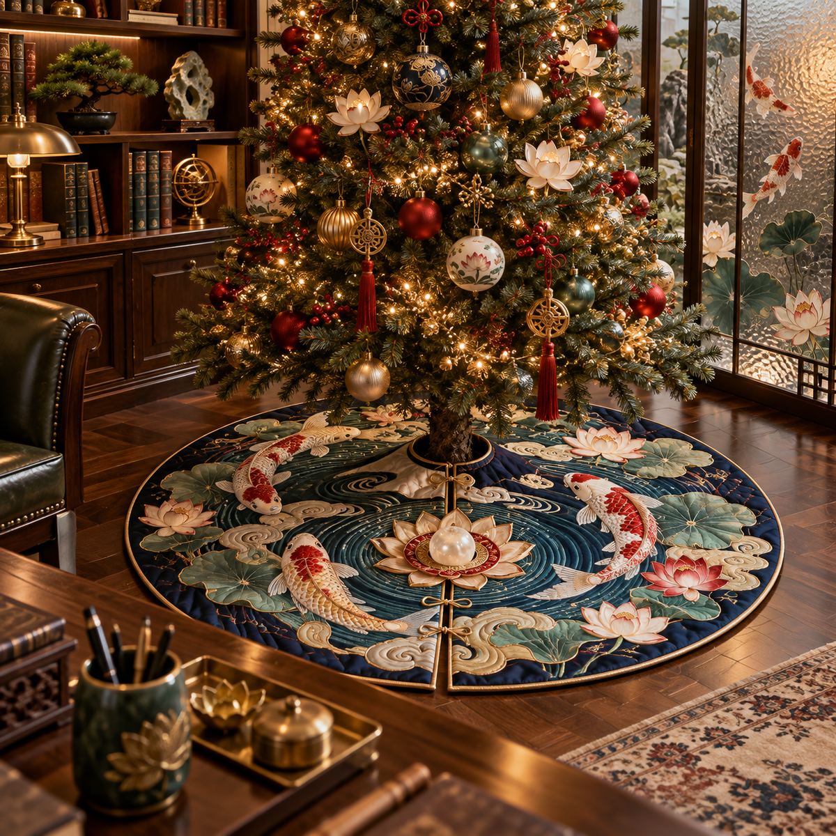 One tree skirt with an original Koi Lotus Scholar Atrium and maximum-depth printed illusion.
