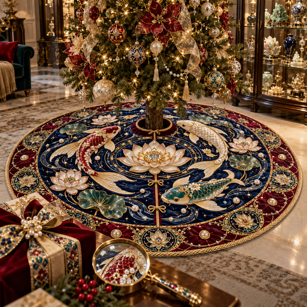 One tree skirt with an original Koi Lotus Jubilee Curio and maximum-depth printed illusion.