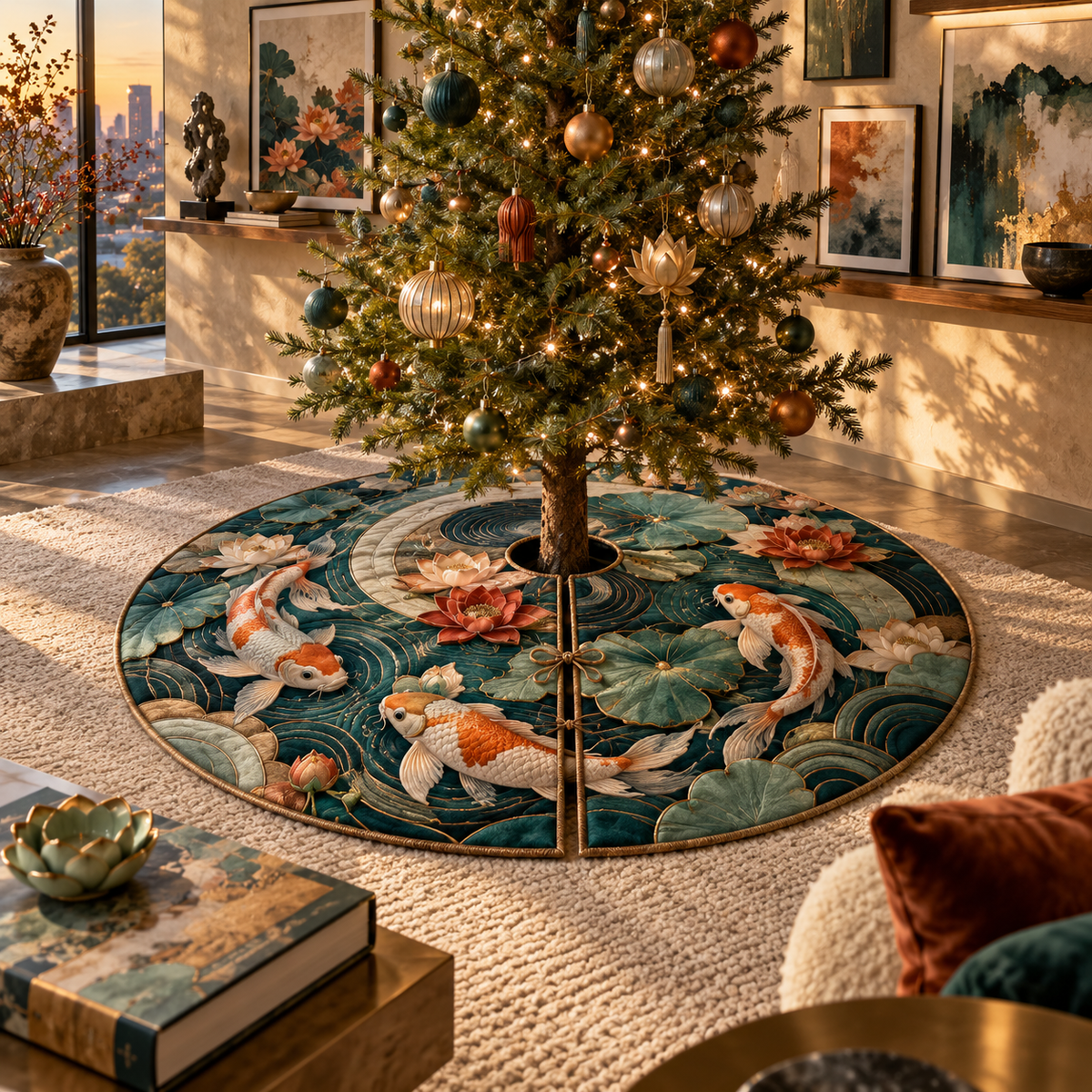 One tree skirt with an original Koi Lotus Prism Gallery and maximum-depth printed illusion.