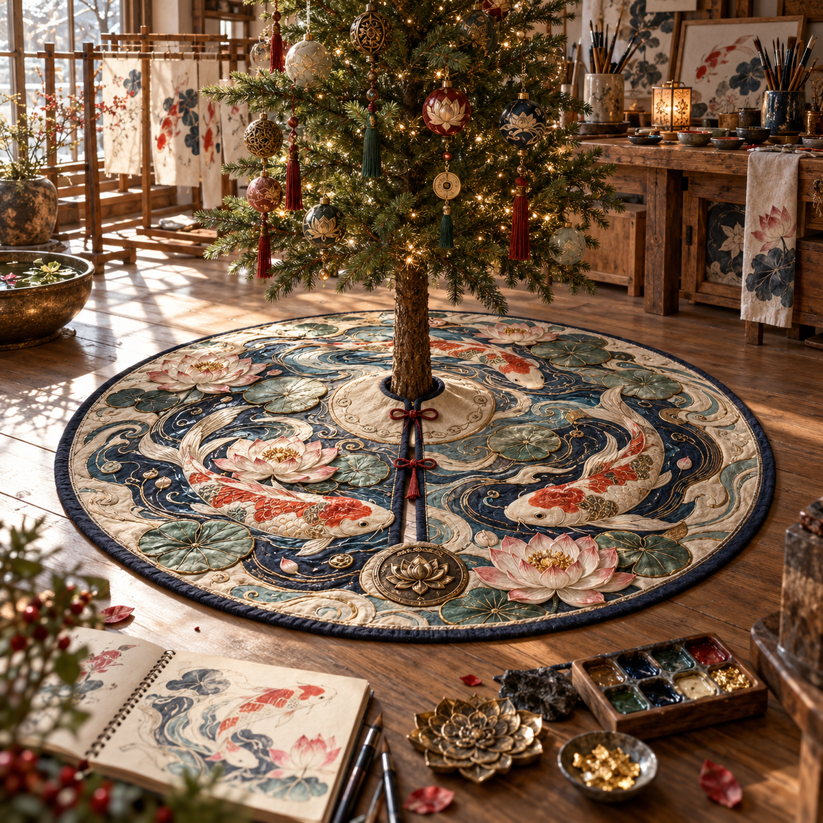 One tree skirt with an original Koi Lotus Atelier Current and maximum-depth printed illusion.