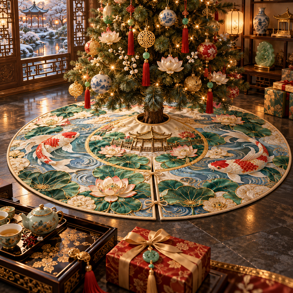 One tree skirt with an original Koi Lotus Gracious Pavilion and maximum-depth printed illusion.