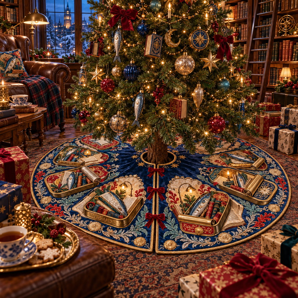 One tree skirt with an original Sardine Library Midnight Folio and maximum-depth printed illusion.