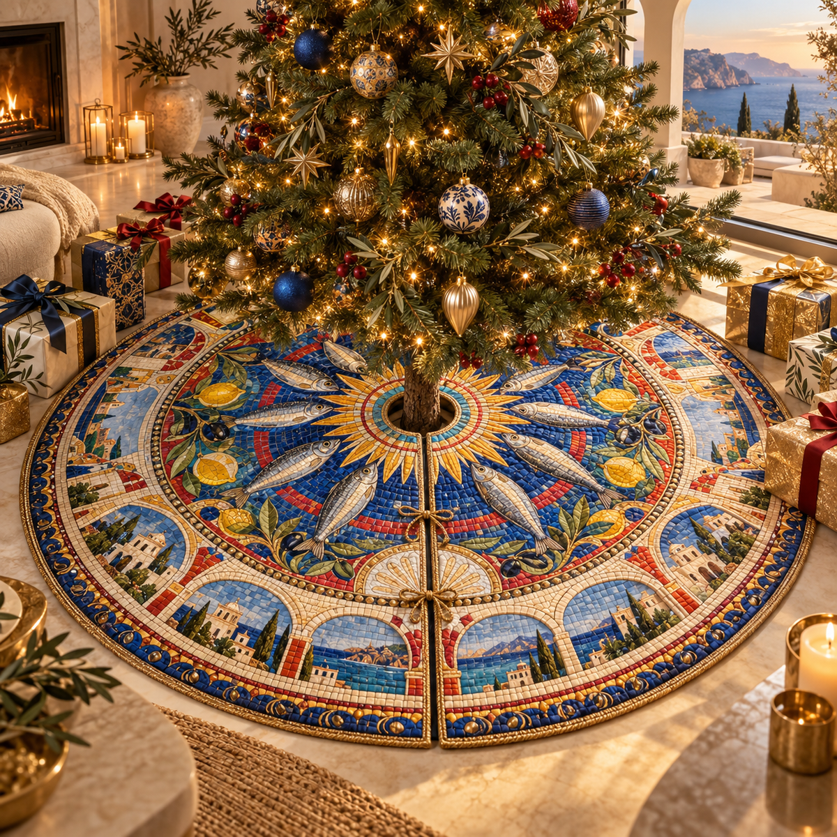 One tree skirt with an original Sardine Salon Mosaic Portal and maximum-depth printed illusion.
