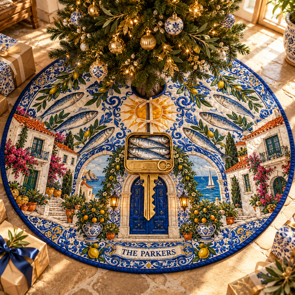 One tree skirt with an original Sardine Azulejo House Key and maximum-depth printed illusion.