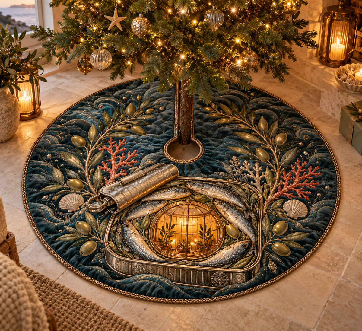 One tree skirt with an original Sardine Amber Lantern Alcove and maximum-depth printed illusion.