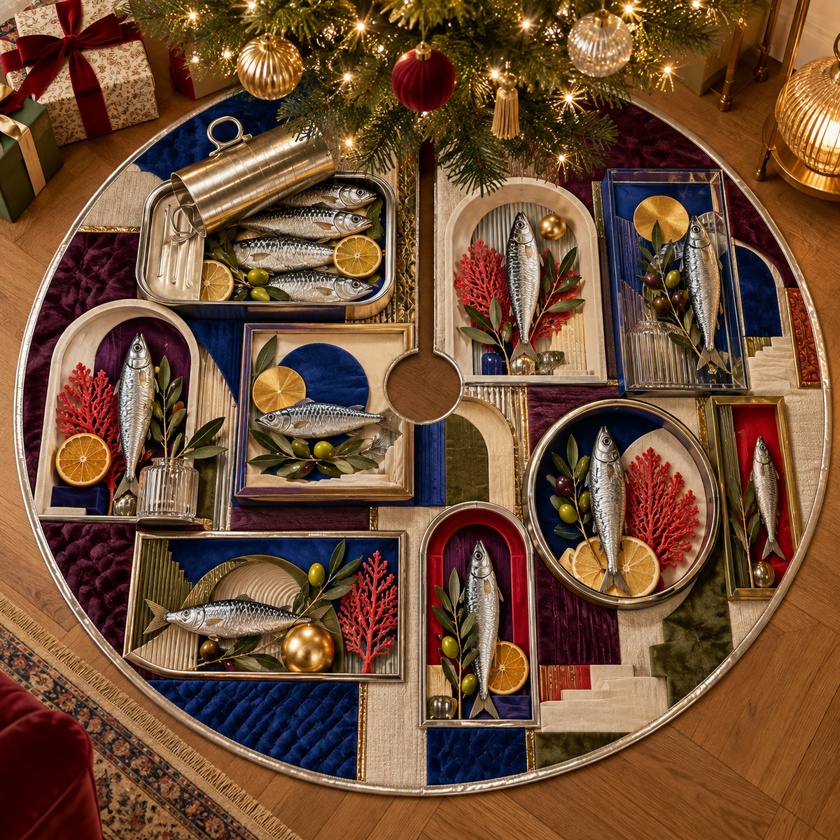 One tree skirt with an original Sardine Chromatic Shadowbox Salon and maximum-depth printed illusion.