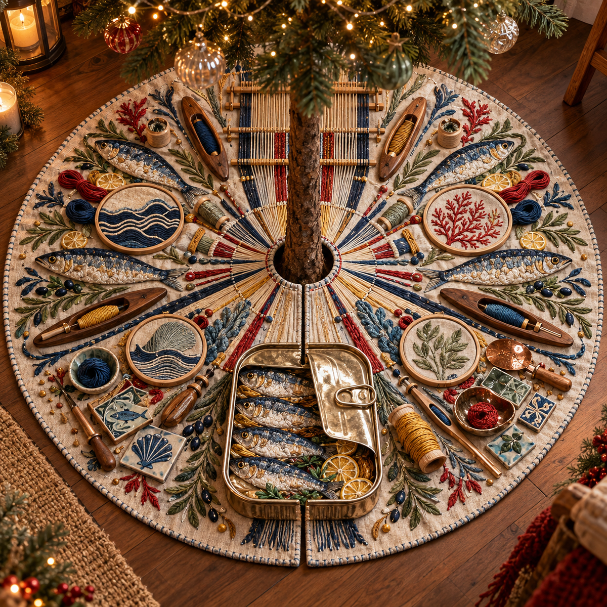 One tree skirt with an original Sardine Maker Loom Atelier and maximum-depth printed illusion.