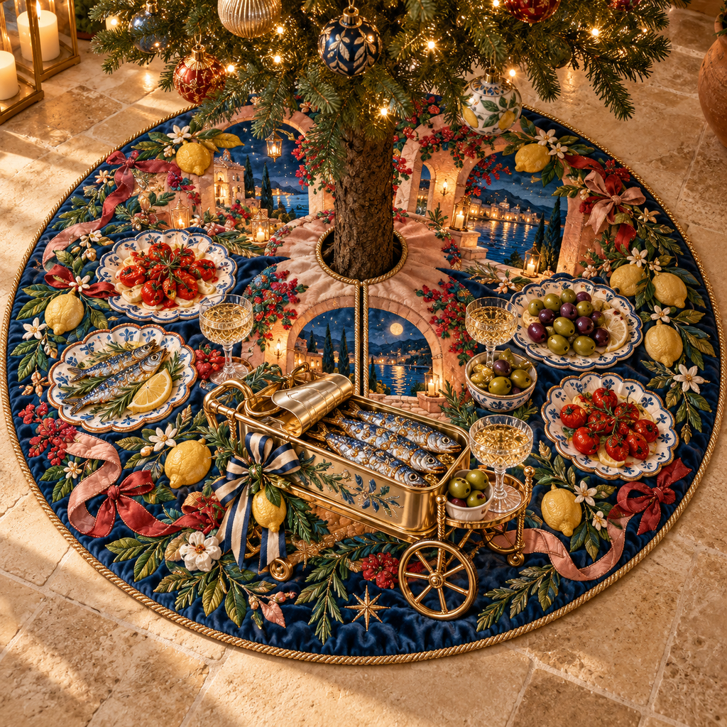 One tree skirt with an original Sardine Gratitude Aperitivo Cart and maximum-depth printed illusion.