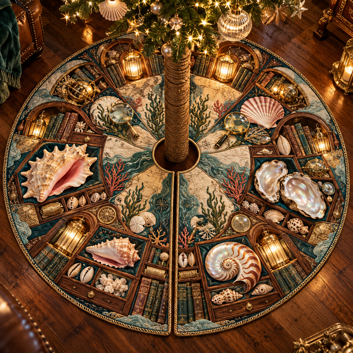 One tree skirt with an original Seashell Cartographer Lantern Library and maximum-depth printed illusion.