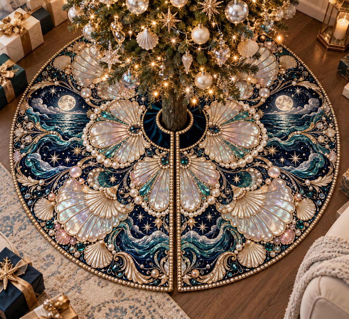 One tree skirt with an original Seashell Celestial Pearl Canopy and maximum-depth printed illusion.