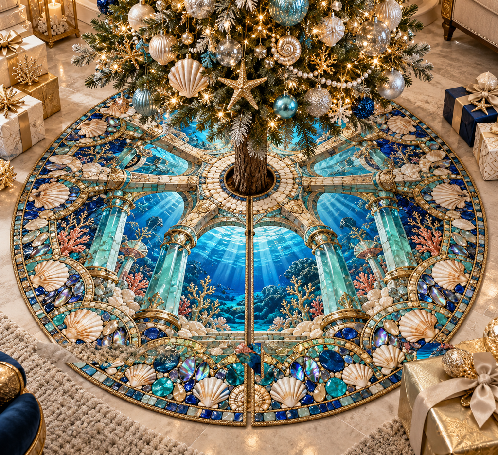 One tree skirt with an original Seashell Tidal Mosaic Atrium and maximum-depth printed illusion.