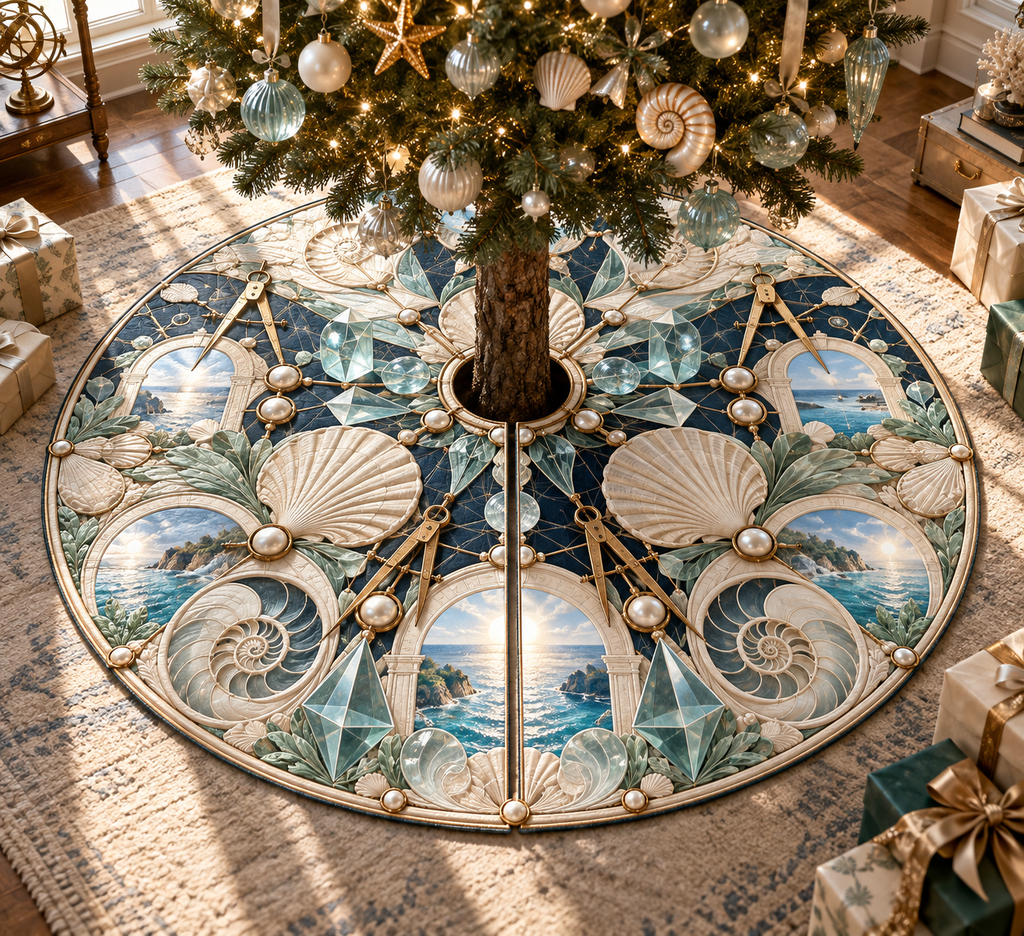 One tree skirt with an original Seashell Pearl Geometer Studio and maximum-depth printed illusion.