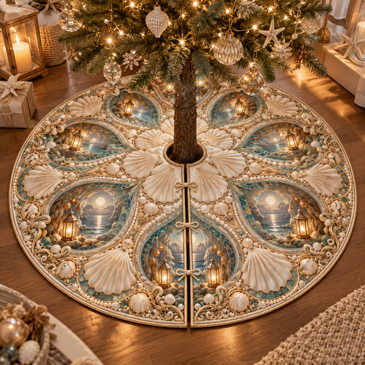 One tree skirt with an original Seashell Amber Grotto Alcove and maximum-depth printed illusion.